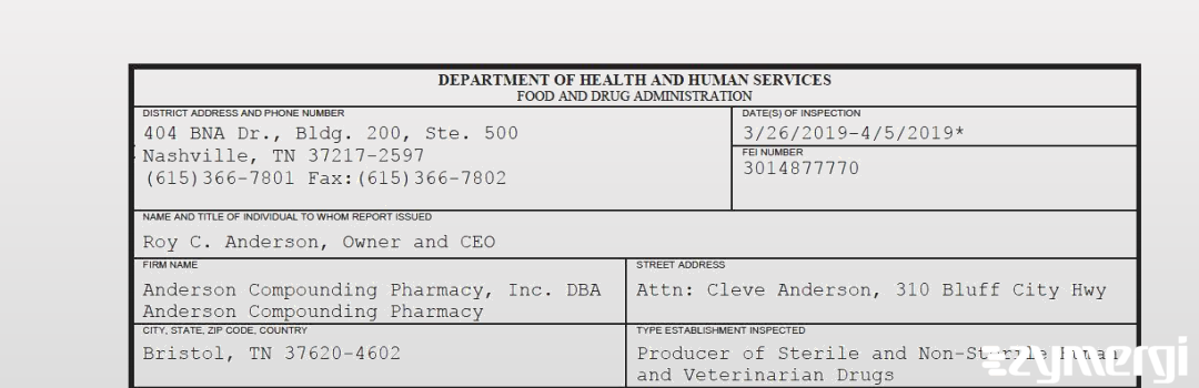 FDANews 483 Anderson Compounding Pharmacy, Inc. DBA Anderson Compounding Pharmacy Apr 5 2019 top