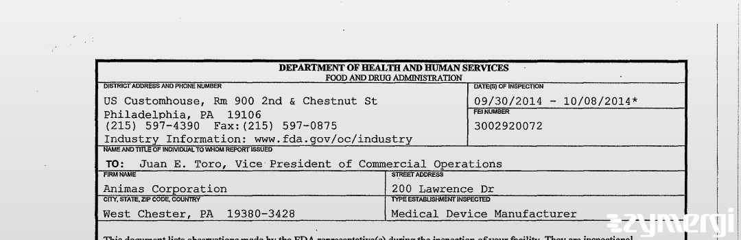 FDANews 483 Animas Corporation Oct 8 2014 top