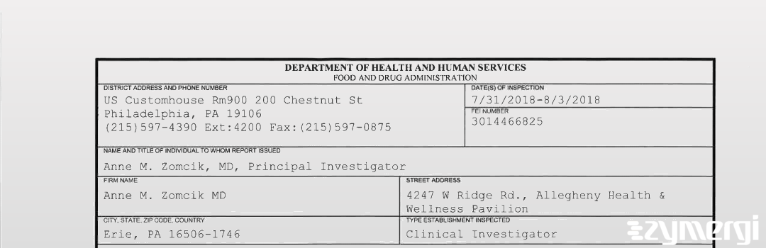 FDANews 483 Anne M. Zomcik MD Aug 3 2018 top