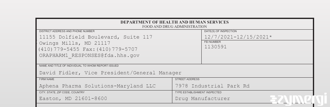 FDANews 483 Aphena Pharma Solutions-Maryland LLC Dec 15 2021 top