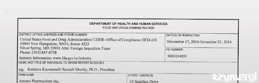 FDANews 483 Apotex Pharmachem Inc. Nov 21 2014 top
