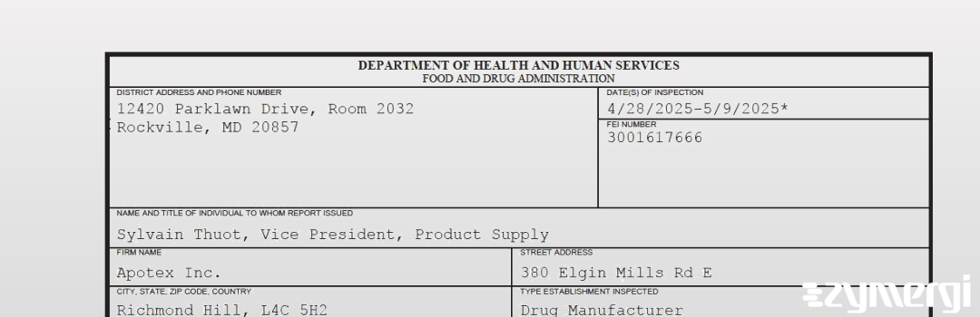 FDANews 483 Apotex Inc. May 9 2025 top