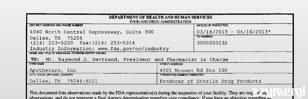 FDANews 483 Apothecure, Inc Apr 16 2013 top