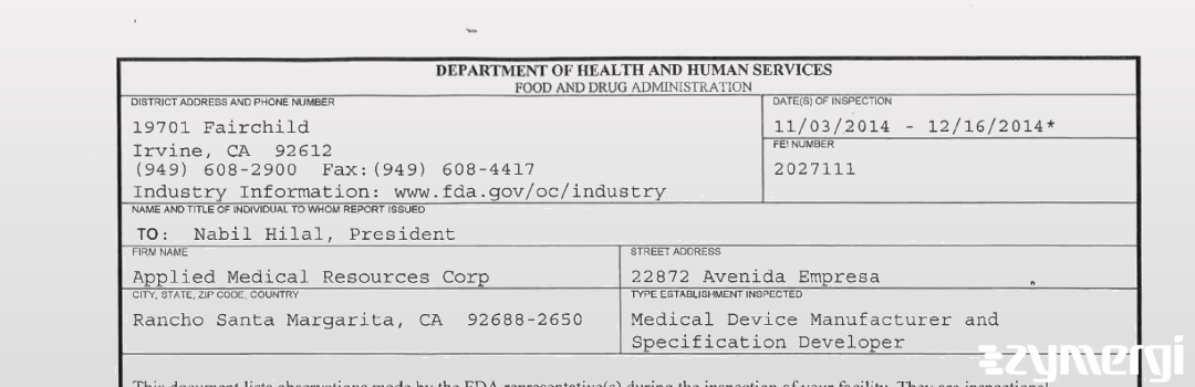 FDANews 483 Applied Medical Resources Corp Dec 16 2014 top