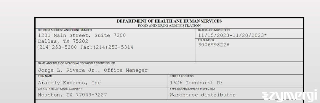 FDANews 483 Aracely Express, Inc Nov 20 2023 top