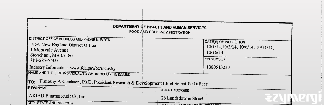FDANews 483 ARIAD Pharmaceuticals, Inc. Oct 16 2014 top