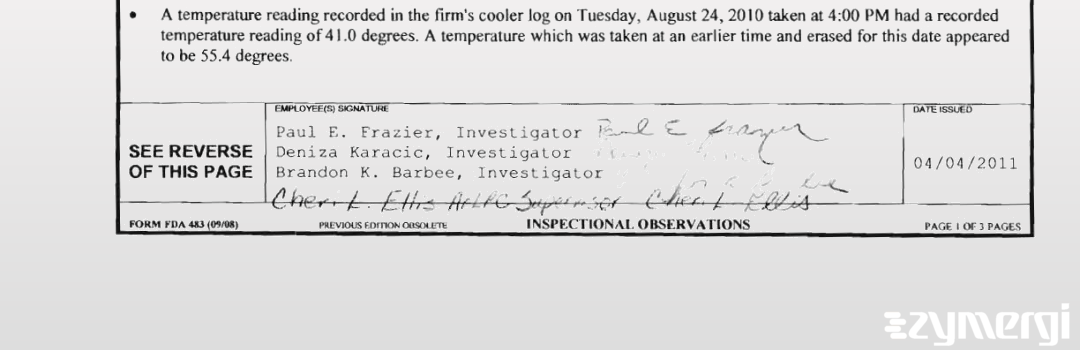 Brandon K. Barbee FDA Investigator Paul E. Frazier FDA Investigator Deniza Karacic FDA Investigator 