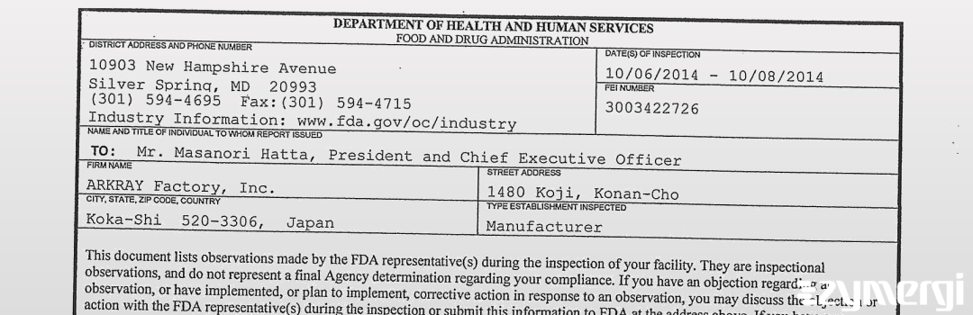 FDANews 483 ARKRAY Factory, Inc. Oct 8 2014 top