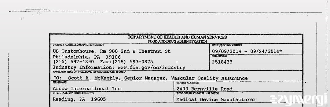 FDANews 483 Arrow International Inc Sep 24 2014 top
