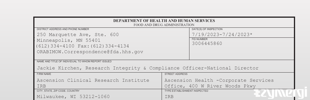 FDANews 483 Ascension Clinical Research Institute IRB Jul 24 2023 top