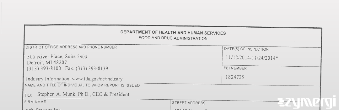 FDANews 483 Ash Stevens, Inc. Nov 24 2014 top