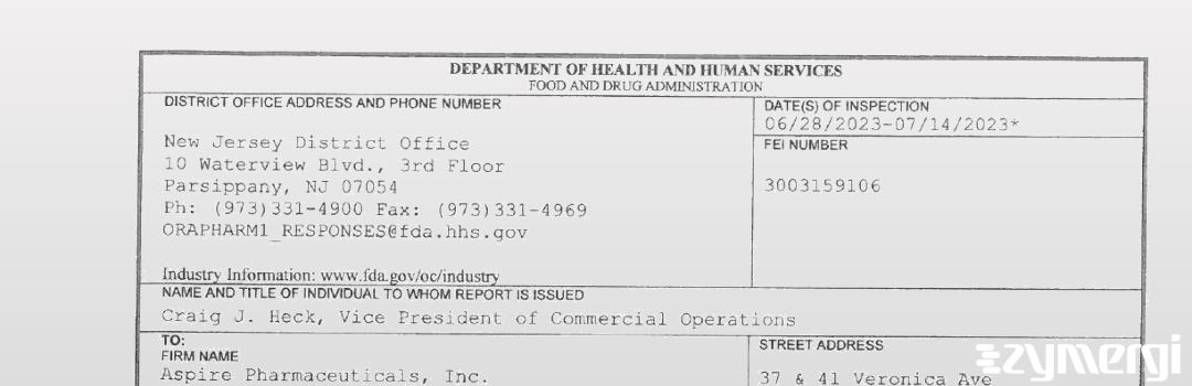 FDANews 483 Aspire Pharmaceuticals, Inc. Jul 14 2023 top