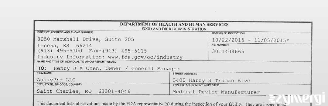 FDANews 483 AssayPro LLC Nov 5 2015 top