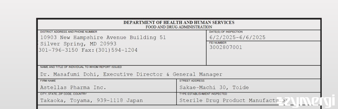 FDANews 483 Astellas Pharma Inc. Jun 6 2025 top