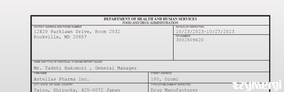 FDANews 483 Astellas Pharma Inc. Oct 27 2023 top