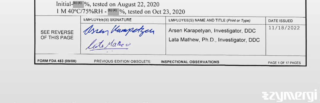 Lata C. Mathew FDA Investigator Arsen Karapetyan FDA Investigator