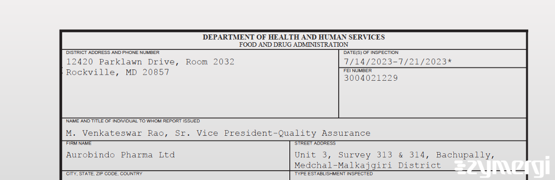FDANews 483 Aurobindo Pharma Ltd Jul 21 2023 top