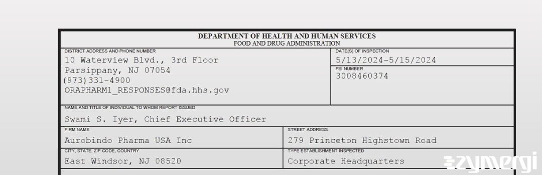 FDANews 483 Aurobindo Pharma USA Inc May 15 2024 top