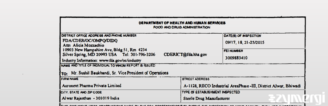 FDANews 483 Auronext Pharma Sep 25 2015 top