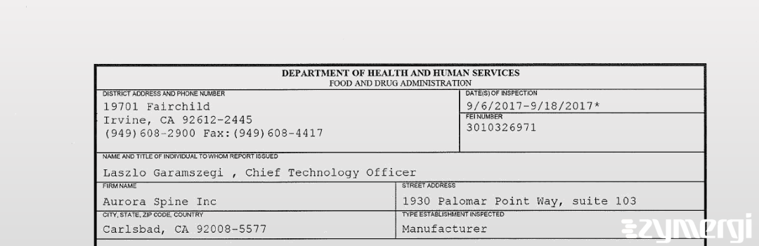 FDANews 483 Aurora Spine Inc Sep 18 2017 top