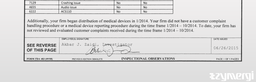 Akbar J. Zaidi FDA Investigator eNSpect User FDA Investigator 