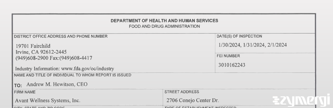 FDANews 483 Avant Wellness Systems, Inc. Feb 1 2024 top
