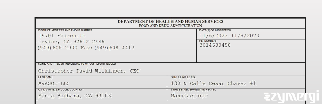 FDANews 483 AVASOL LLC Nov 9 2023 top