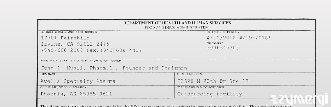 FDANews 483 Avella  of Deer Valley dba Avella Specialty Pharmacy Apr 19 2018 top