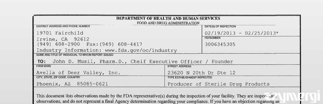 FDANews 483 Avella of Deer Valley, Inc. Feb 25 2013 top