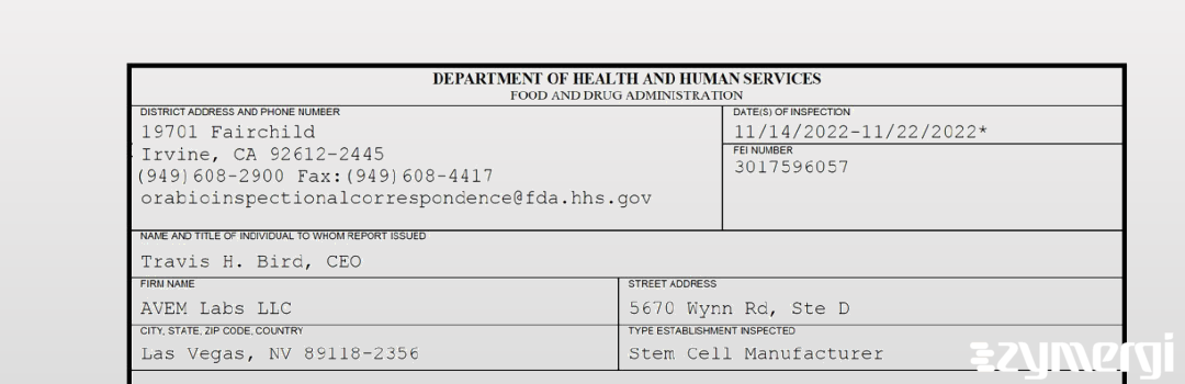 FDANews 483 AVEM Labs LLC Nov 22 2022 top