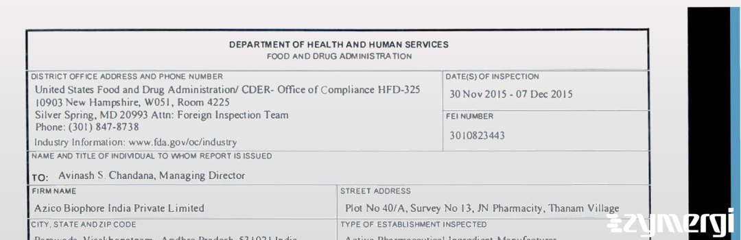 FDANews 483 Azico Biophore India Private Limited Dec 7 2015 top