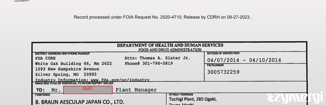 FDANews 483 B. Braun Aesculap Japan Co., Ltd. Apr 10 2014 top
