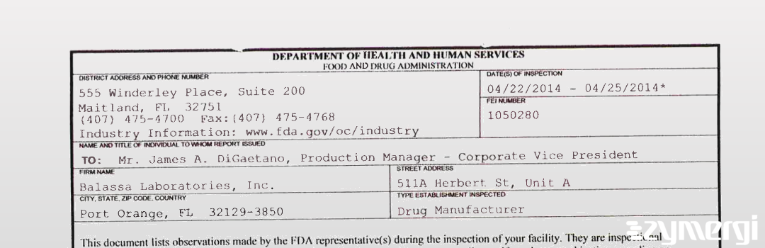 FDANews 483 Balassa Laboratories, Inc. Apr 25 2014 top