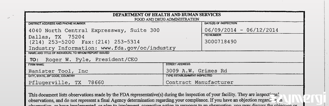 FDANews 483 Banister Tool, Inc Jun 12 2014 top