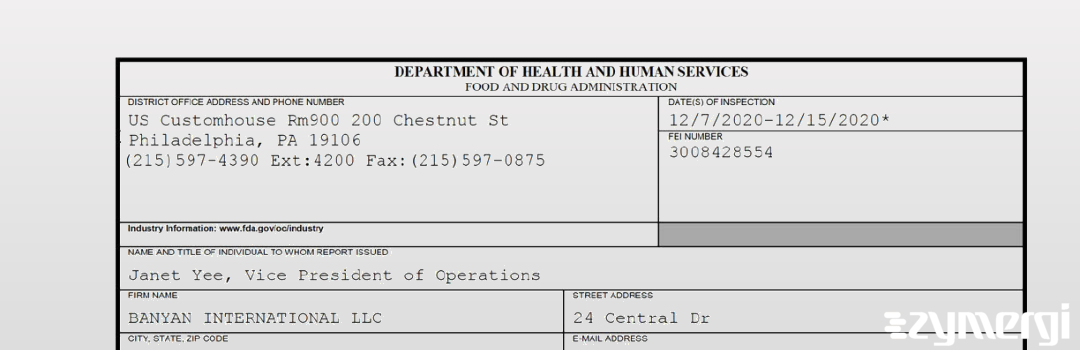 FDANews 483 BANYAN INTERNATIONAL LLC Dec 15 2020 top