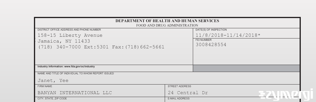 FDANews 483 BANYAN INTERNATIONAL LLC Nov 14 2018 top