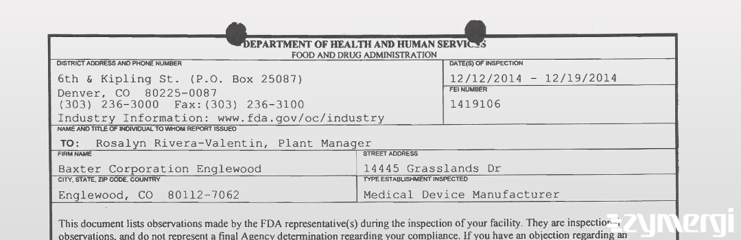 FDANews 483 Baxter Corporation Englewood Dec 19 2014 top