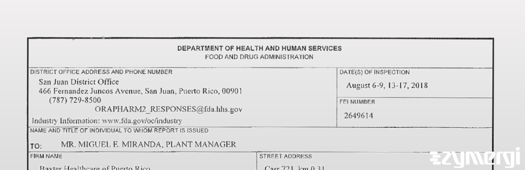FDANews 483 Baxter Healthcare S.A. /dba Baxter Healthcare of Puerto Rico Aug 17 2018 top