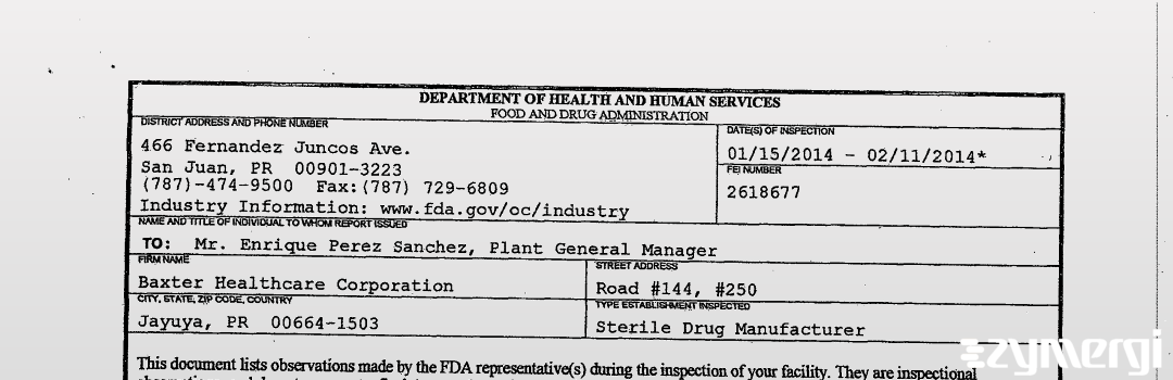 FDANews 483 Baxter Healthcare Corporation Feb 11 2014 top