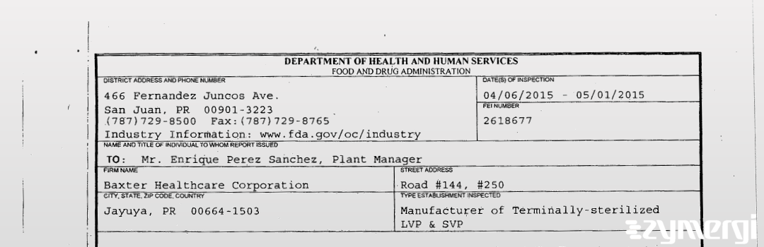 FDANews 483 Baxter Healthcare Corporation May 1 2015 top