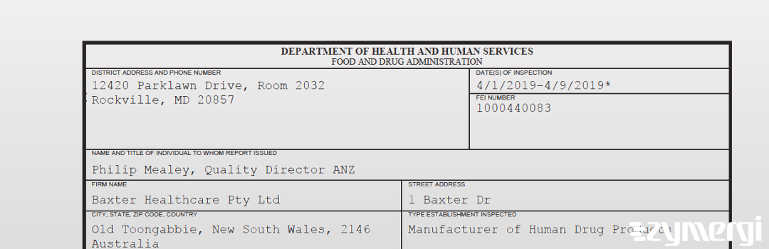 FDANews 483 Baxter Healthcare Pty Ltd Apr 9 2019 top