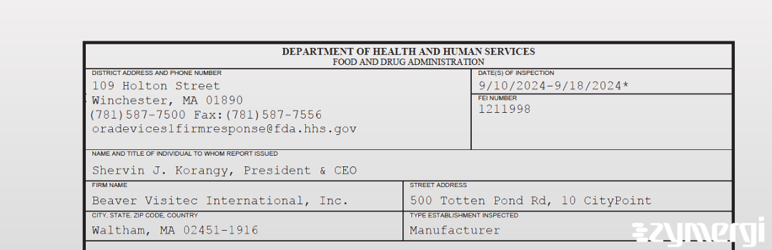 FDANews 483 Beaver Visitec International, Inc. Sep 18 2024 top
