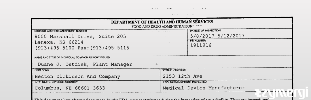 FDANews 483 Becton, Dickinson and Company May 12 2017 top