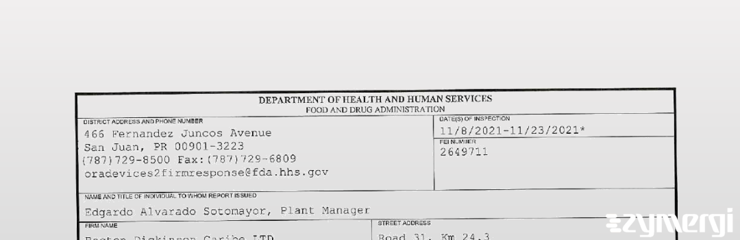 FDANews 483 Becton Dickinson Caribe LTD Nov 23 2021 top
