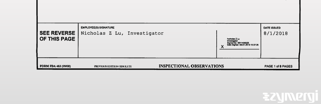 Nicholas Z. Lu FDA Investigator Michelle J. Glembin FDA Investigator Clifton L. Randell FDA Investigator Christopher D. Leach FDA Investigator Lisa T. Michel FDA Investigator