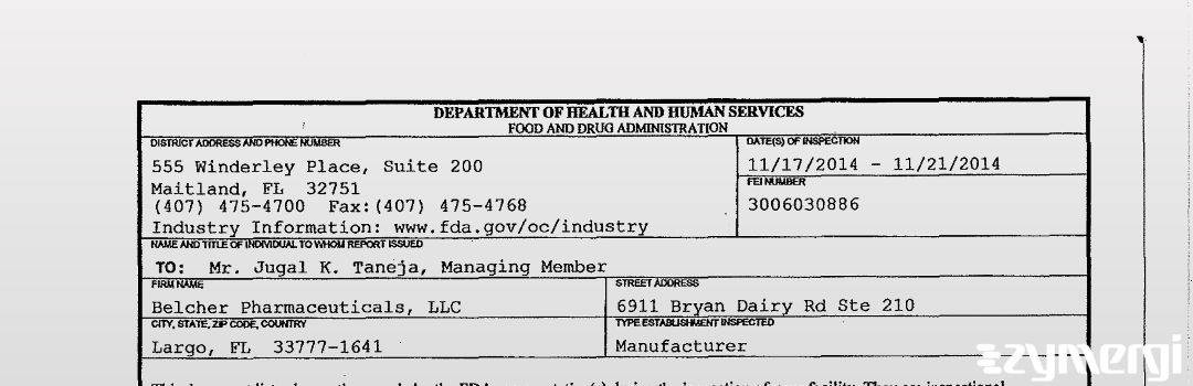 FDANews 483 Belcher Pharmaceuticals, LLC Nov 21 2014 top