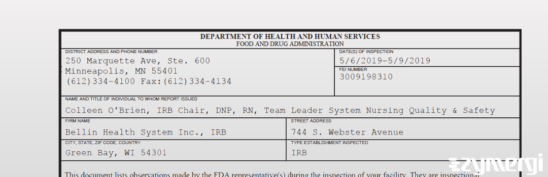 FDANews 483 Bellin Health System Inc., IRB May 9 2019 top