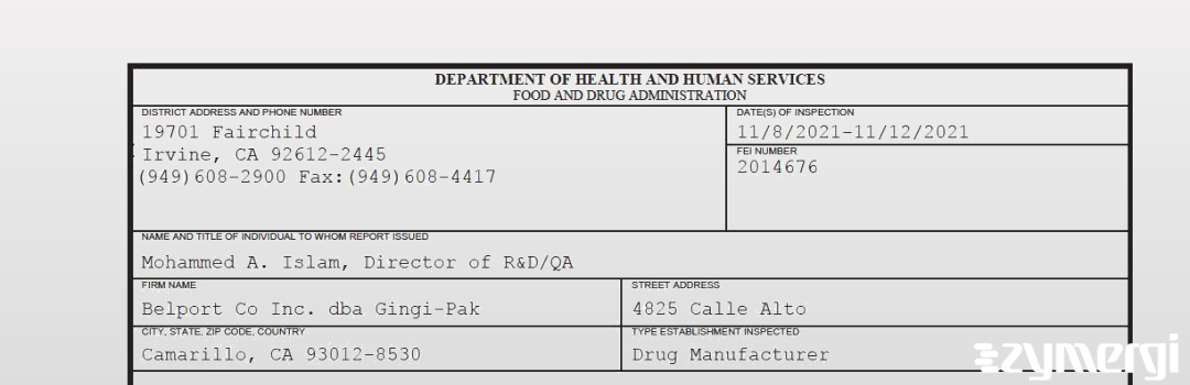 FDANews 483 Belport Co Inc. dba Gingi-Pak   Nov 12 2021 top