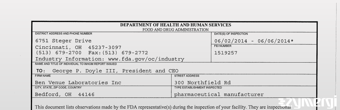FDANews 483 Ben Venue Laboratories Inc Jun 6 2014 top