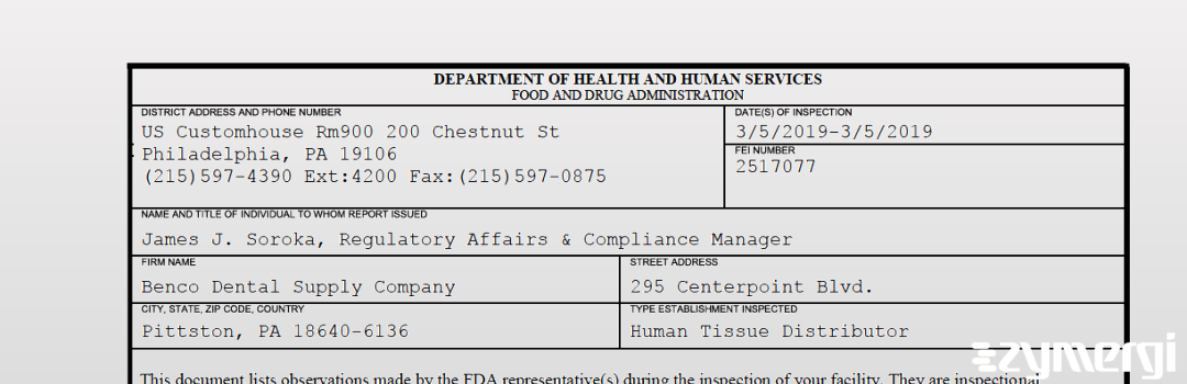 FDANews 483 Benco Dental Supply Company Mar 5 2019 top